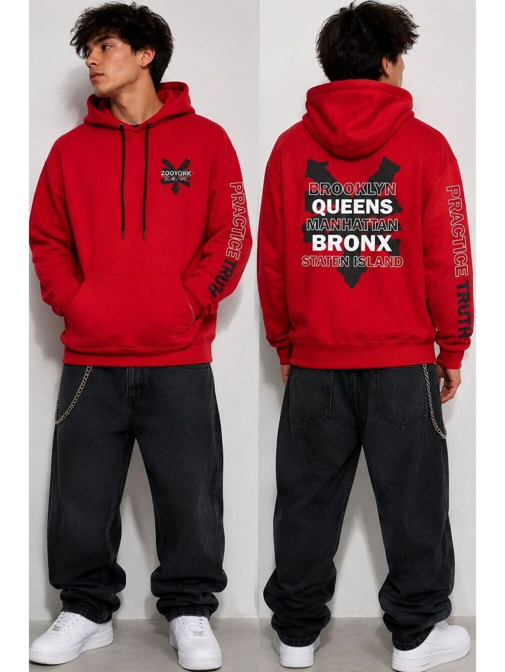 Zoo York Mens M Red Hoodie NYC 5 Boroughs Brooklyn Queens Bronx Y2K Streetwear